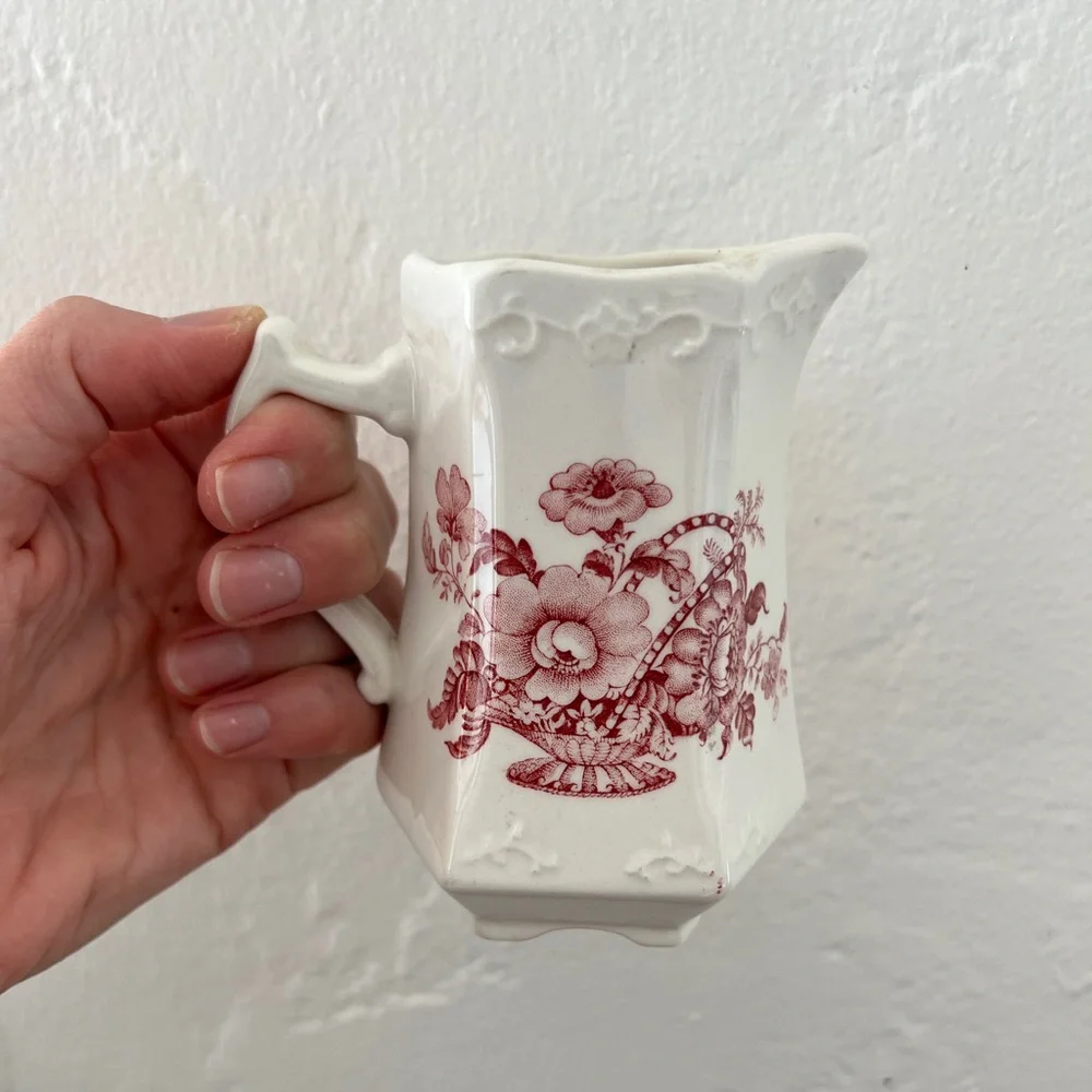 Crown Devon red white floral creamer pitcher jug Staffordshire English China